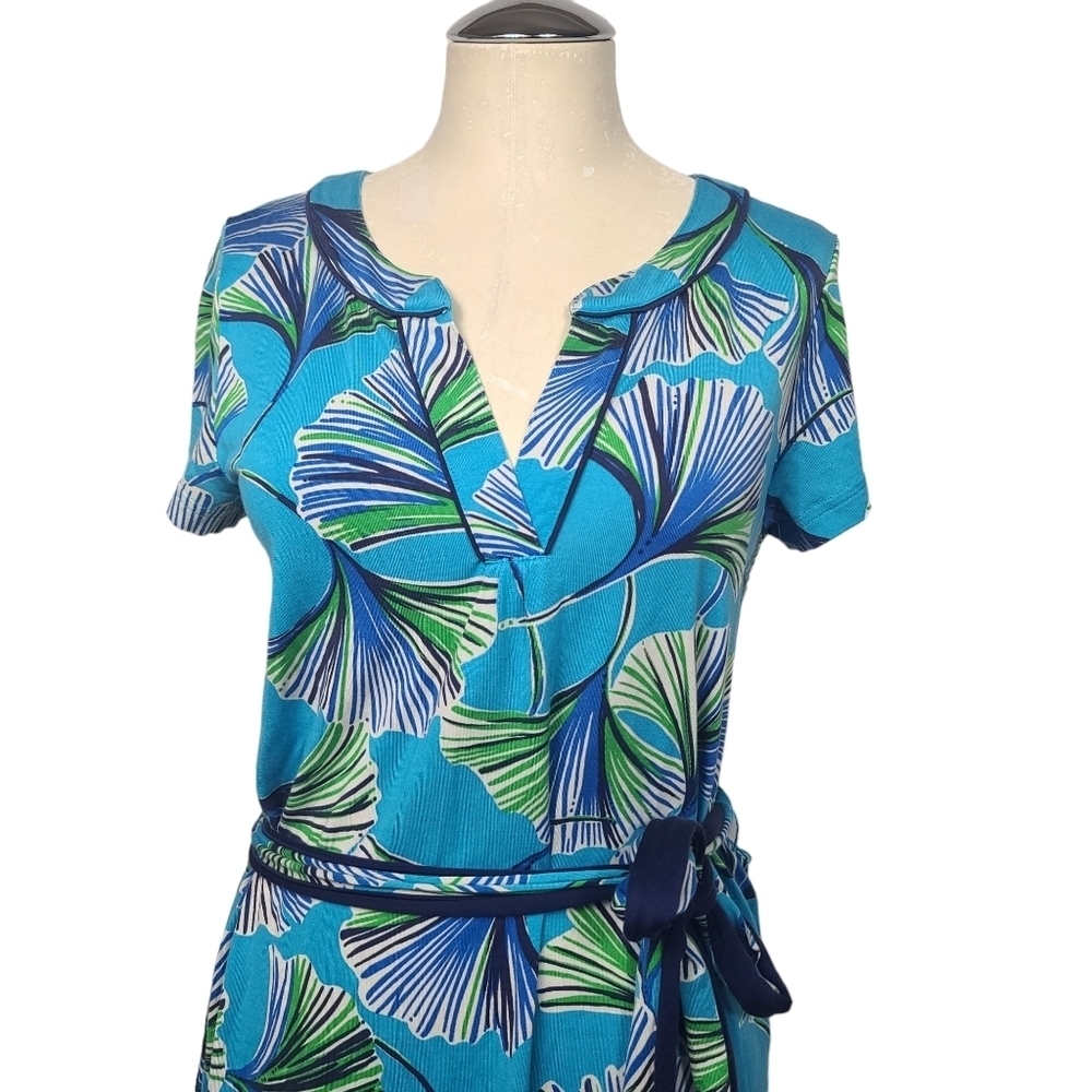Lilly Pulitzer Tropical Blue Green Split V Neck Short Sleeve Belted Dress S - Picture 2 of 8